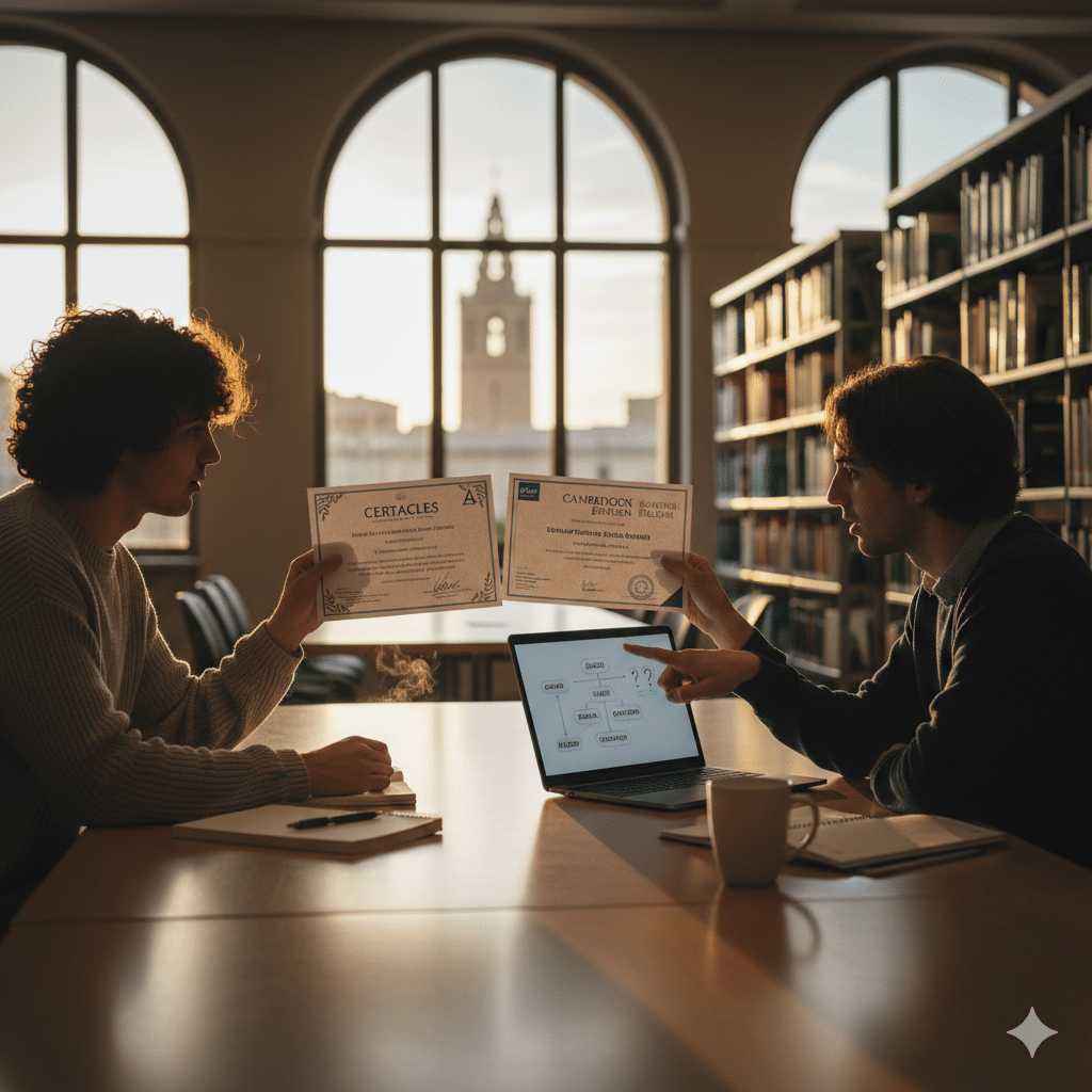 Comparativa de títulos de inglés CertAcles y Cambridge para universitarios en Valencia.