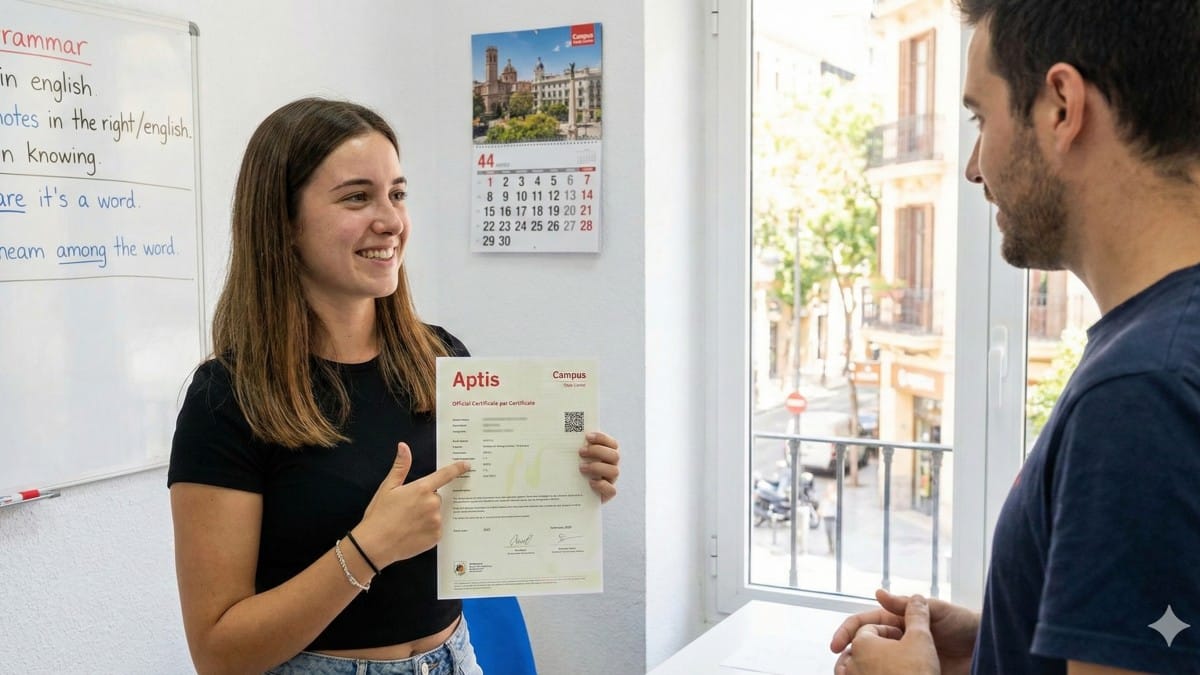 Alumna mostrando su certificado oficial Aptis en la academia Campus Study Centre Valencia