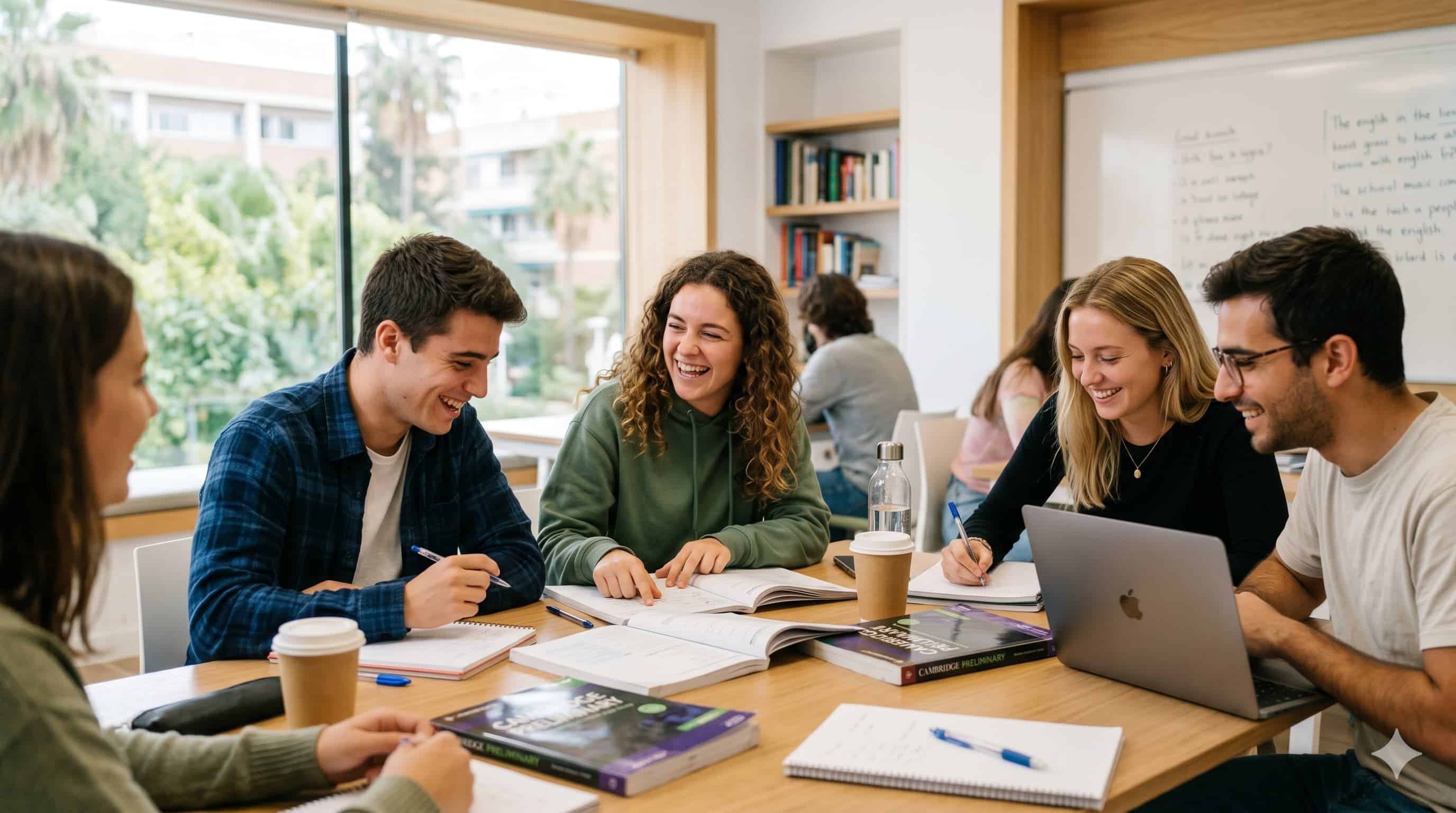 Alumnos preparando el examen B1 Preliminary de Cambridge en Campus Study Centre, academia zona universitaria Valencia, cerca de UPV y UV.